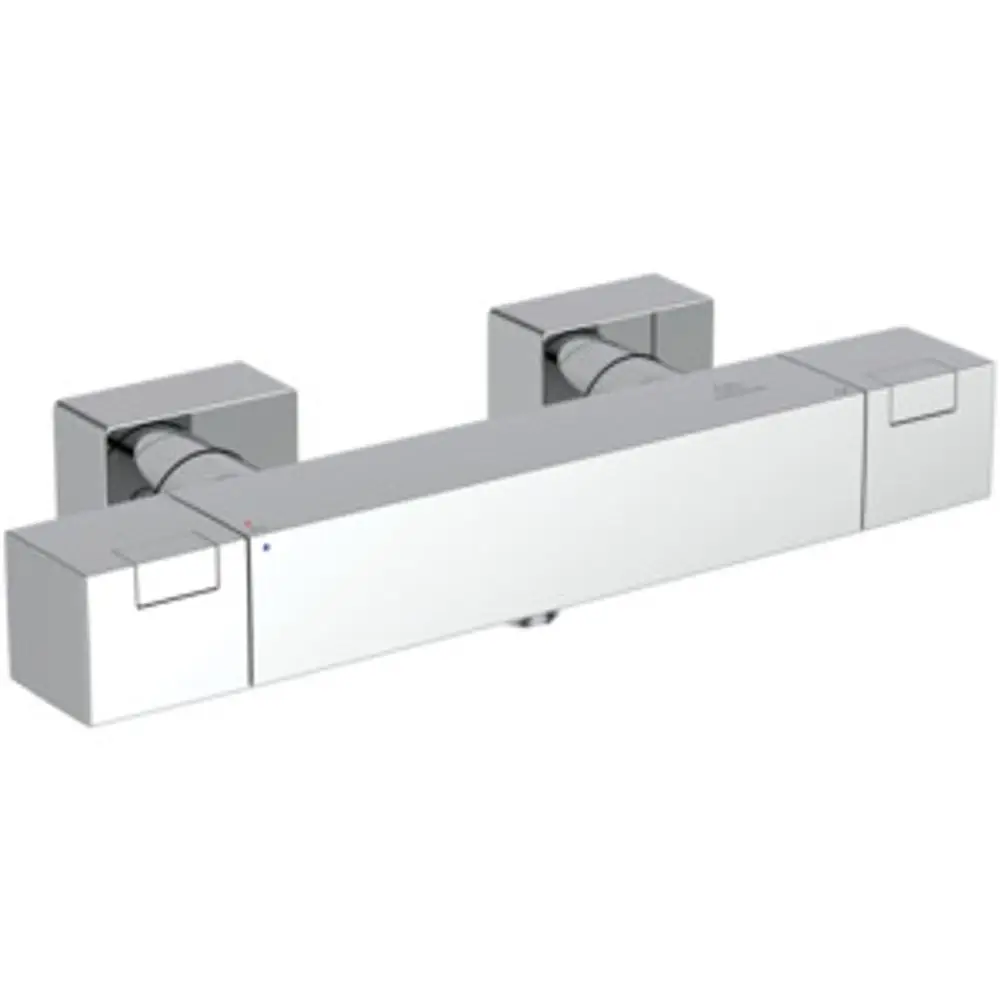 Thermostatarmatur in chromfarbenem Design, ausgestattet mit zwei Steuerknöpfen für Wasserfluss und Temperatur, hergestellt von Ideal Standard.